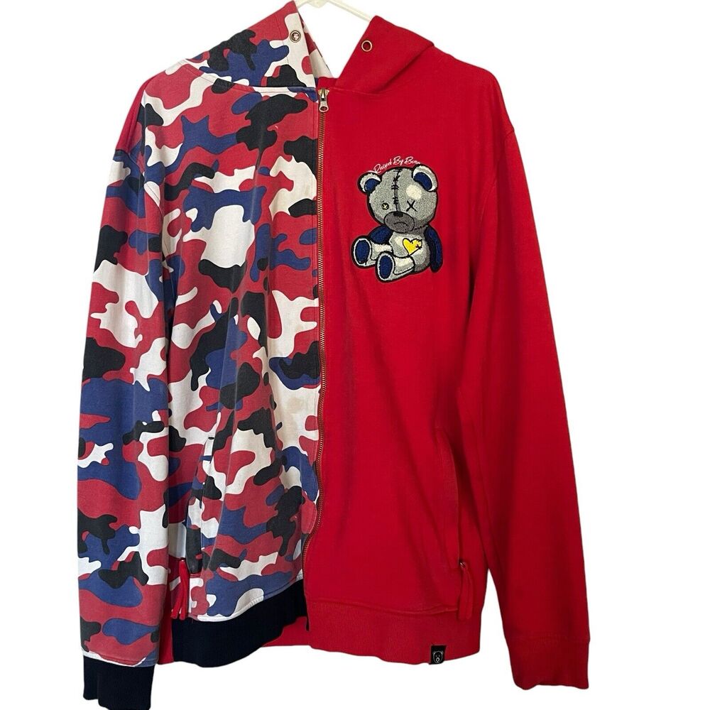 Civilized Full Zip Sweatshirt Mens Large Camo Embroidered Bear‎ Streetwear Red